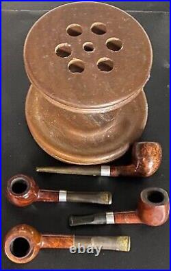 4 Vintage Tobacco Smoking Pipes And 6-pipe Wood Stand Holder Vtg Medicos, Tuffy