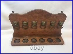 6 Wood Smoking Pipes Display Stand With Bulldogs Solid Oak Vintage