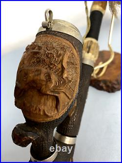 Antique Genuine German Hunter Pipe Wood Hand Carved Deer Bakelite & Horn Stem