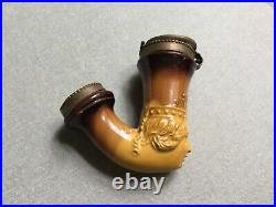 Antique Pipe Smoking Lead Glazed Pottery Head Of Queen With Brass Fittings