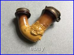 Antique Pipe Smoking Lead Glazed Pottery Head Of Queen With Brass Fittings