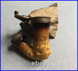 Antique Pipe Smoking Lead Glazed Pottery Head Of Queen With Brass Fittings