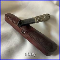 Antique Silver Inlaid Wood Art Hand Pipe Cigarette Holder Tobacco Smoking Box
