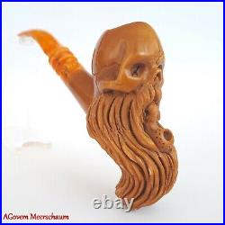 BEARDED SKULL Block Meerschaum Pipe, Carved Turkish Smoking Estate Pipe, AGM479