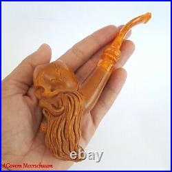 BEARDED SKULL Block Meerschaum Pipe, Carved Turkish Smoking Estate Pipe, AGM479