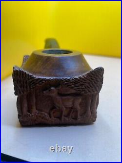 Beautiful Wally Frank LTD Deer Carved Briar Tobacco Smoking Pipe Very Nice