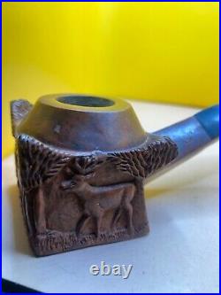 Beautiful Wally Frank LTD Deer Carved Briar Tobacco Smoking Pipe Very Nice