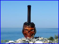 Briar Wood Tobacco Churchwarden Smoking Pipe Pilot Skull by Oguz Simsek