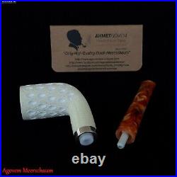 Lattice w 925 Silver Block Meerschaum Pipe Tobacco Smoking Pfeife Estate AGM543