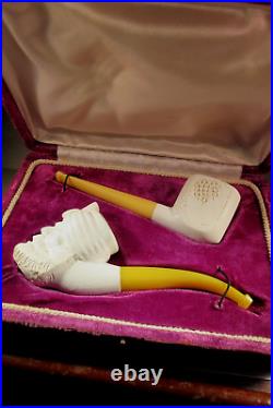 Lot 2 Un Smoked Carved Cased Meerschaum Pipes Sultan & Grapes Circa 1950's Min