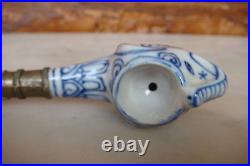 Old Smoking pipe oriental Filigree metal stem with porcelain elephant head bowl