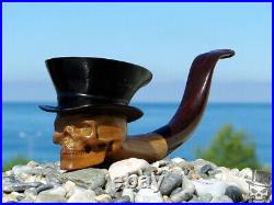 Olive Wood Sculptural Art Smoking Pipe TOP HAT SKULL Baron Samedi by Oguz Simsek