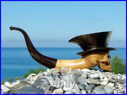 Olive Wood Sculptural Art Smoking Pipe TOP HAT SKULL Baron Samedi by Oguz Simsek