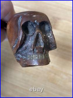 Rare Antique Carved Briar Wood Skull Skeleton Smoked Bent Stemmed Pipe
