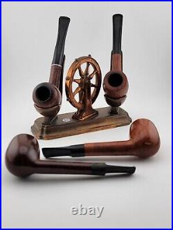 Set of 4 Vintage Wally Frank Wood Smoking Pipes W Brass 2 Pipe Ship Wheel Holder