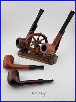 Set of 4 Vintage Wally Frank Wood Smoking Pipes W Brass 2 Pipe Ship Wheel Holder