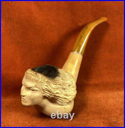 Vintage Carved Meerschaum Tobacco Pipe Figural Head Bust Bent Stem