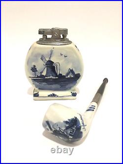 Vintage Delft Blue Zenith Tobacco Pipe and Lighter Hand Painted Windmill 2 pc