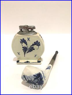 Vintage Delft Blue Zenith Tobacco Pipe and Lighter Hand Painted Windmill 2 pc