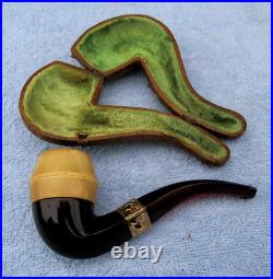 Vintage French Briar Meerschaum & Amber Smoking Tobacco Pipe w Gold Trim & Case