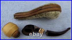 Vintage French Briar Meerschaum & Amber Smoking Tobacco Pipe w Gold Trim & Case