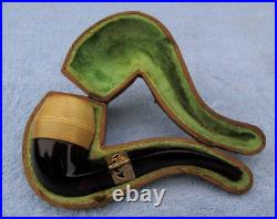 Vintage French Briar Meerschaum & Amber Smoking Tobacco Pipe w Gold Trim & Case