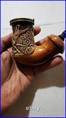 Vintage Hunting scene Hand Carved Estate Pipes set of 2 pre owned condition K2