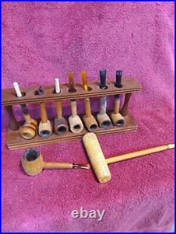 Vintage Lot 9 Smoking Tobacco Pipes & Wood Pipe Stand some used some not used