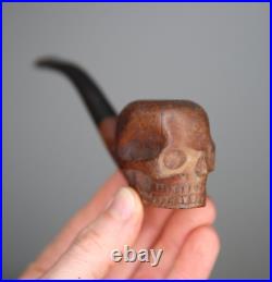 Vintage Smoking Pipe Briar Tobacco Skull head carved wood France antique old