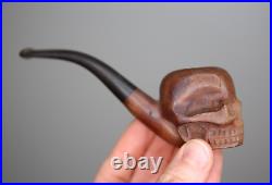 Vintage Smoking Pipe Briar Tobacco Skull head carved wood France antique old