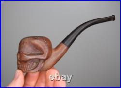 Vintage Smoking Pipe Briar Tobacco Skull head carved wood France antique old