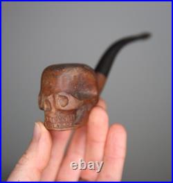 Vintage Smoking Pipe Briar Tobacco Skull head carved wood France antique old