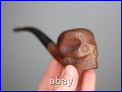 Vintage Smoking Pipe Briar Tobacco Skull head carved wood France antique old