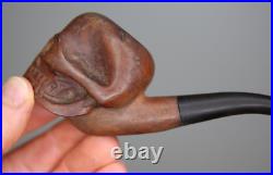 Vintage Smoking Pipe Briar Tobacco Skull head carved wood France antique old