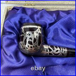 Vintage Smoking Pipe with Sterling Silver Hunting Dog Motif with Case