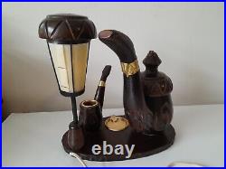 Vintage Wooden Tobacco Pipe Desk Lamp Light Match Holder Smoking Cigar