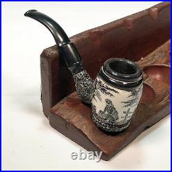 Vintage smoking pipe ceramic ´agnolo´ painted black and white bent poker w bag