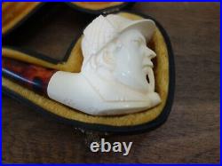 Vtg Rare Meerschaum Smoking Tobacco Estate Pipe Carved Face Sherlock Holmes Case