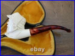 Vtg Rare Meerschaum Smoking Tobacco Estate Pipe Carved Face Sherlock Holmes Case