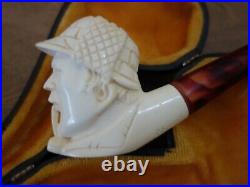 Vtg Rare Meerschaum Smoking Tobacco Estate Pipe Carved Face Sherlock Holmes Case