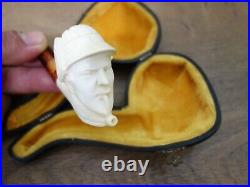 Vtg Rare Meerschaum Smoking Tobacco Estate Pipe Carved Face Sherlock Holmes Case