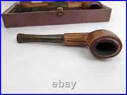 Vtg Set Of 4 Longchamp France Leather Wrapped Smoking Pipes With Original Case